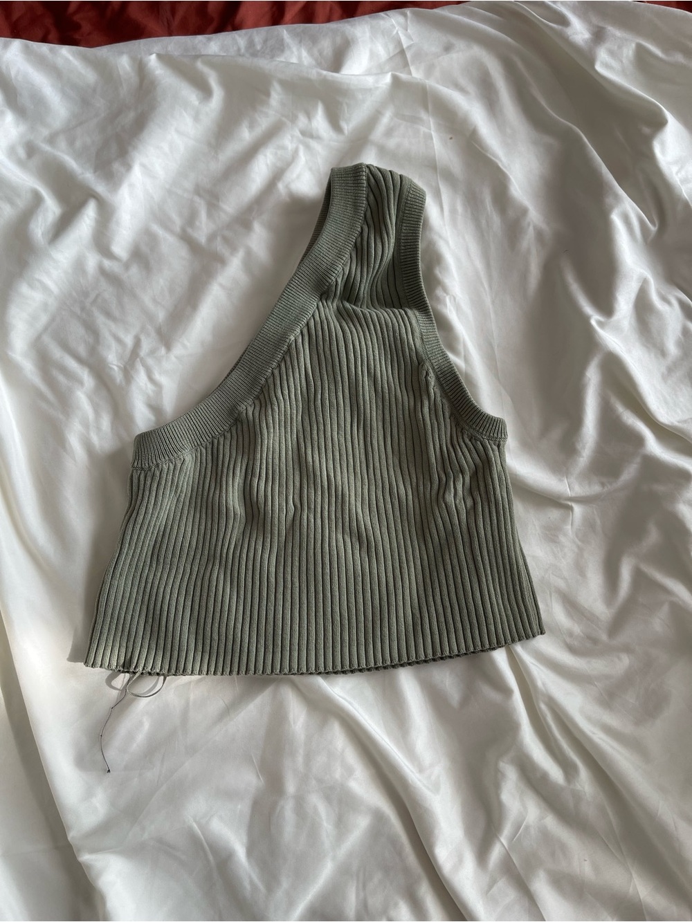 Zara Olive Sage Ribbed One-Shoulder Crop Top